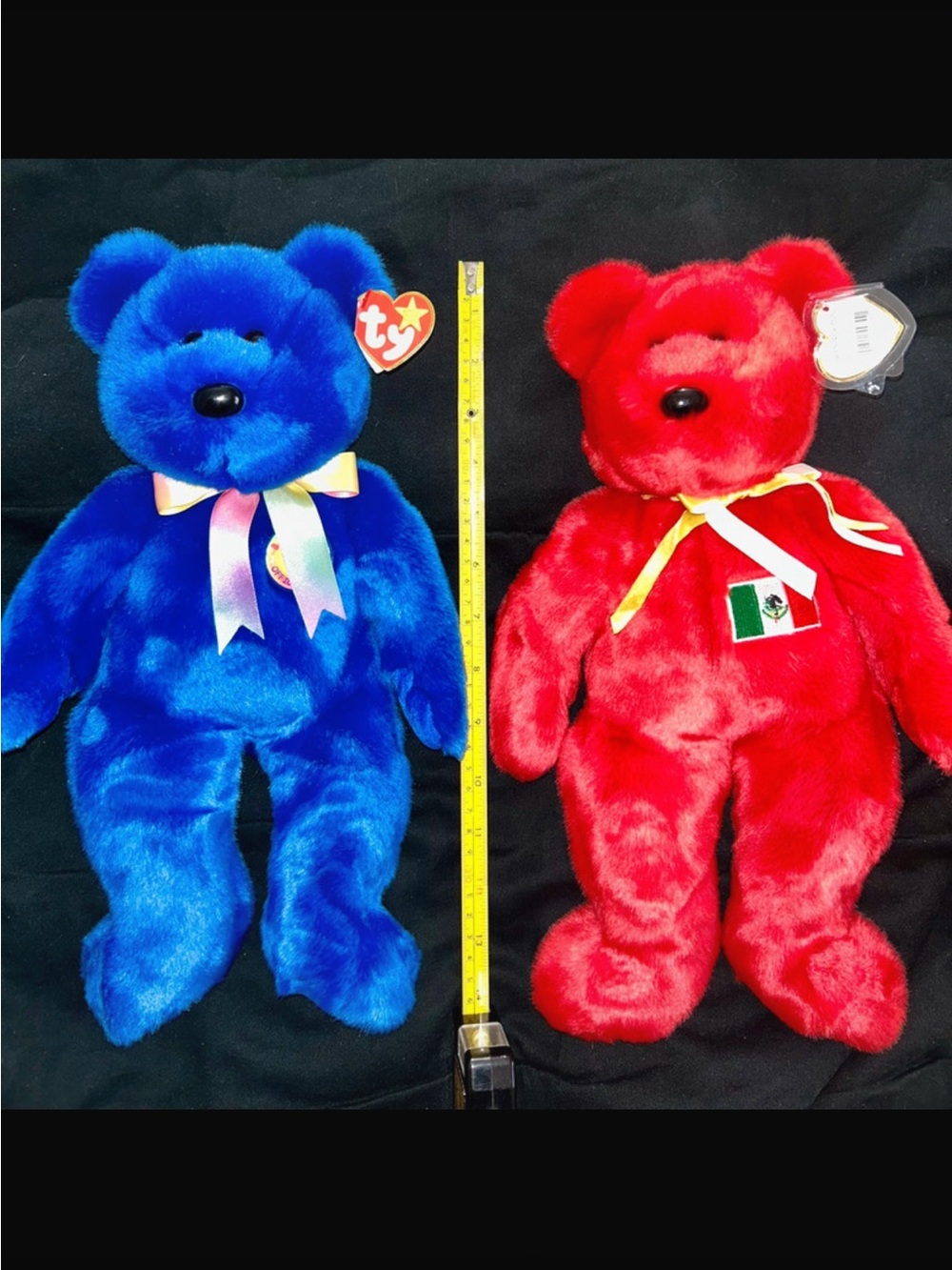 Discontinued Ty Plush Teddy Bears - Bright Blue and Bright Red Pair